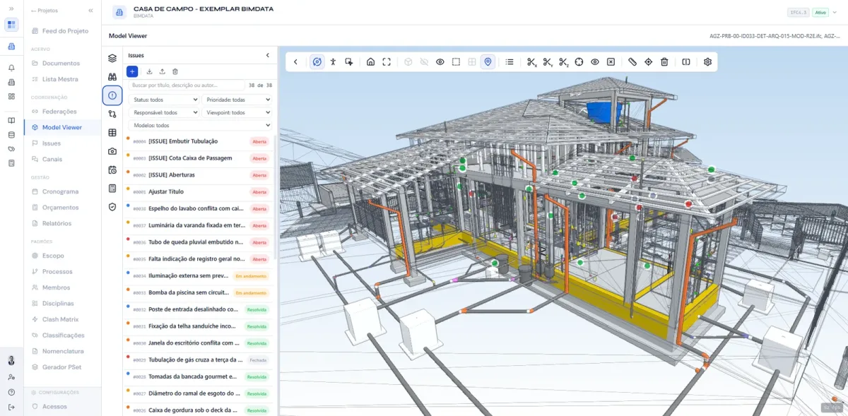 Issues com pin colorido sobre o modelo 3D, com o painel de issues aberto