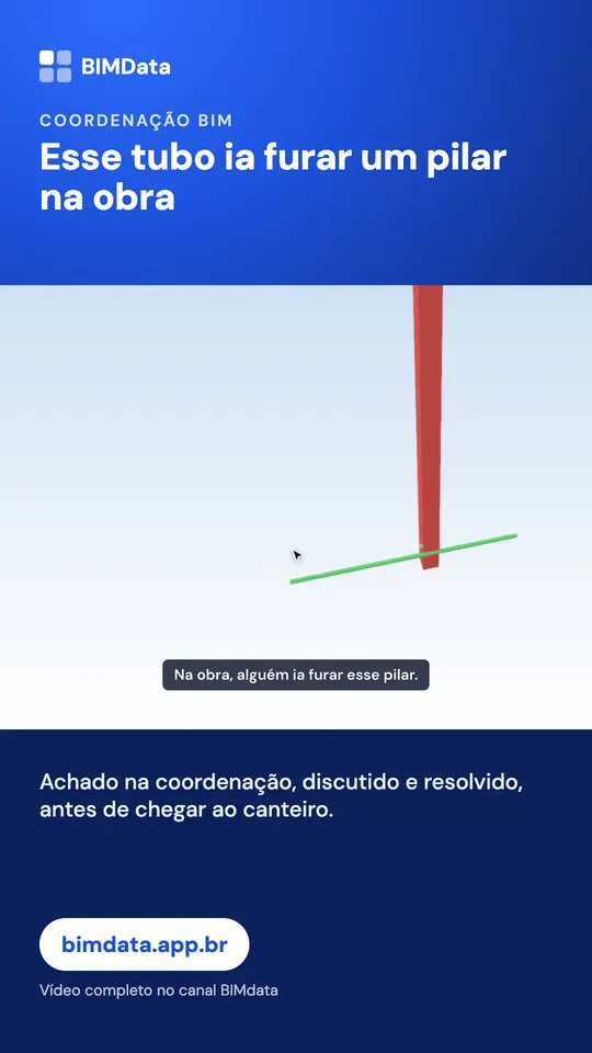 Still do vídeo: tubulação a poucos centímetros de um pilar de concreto, destacada no modelo 3D do BIMData