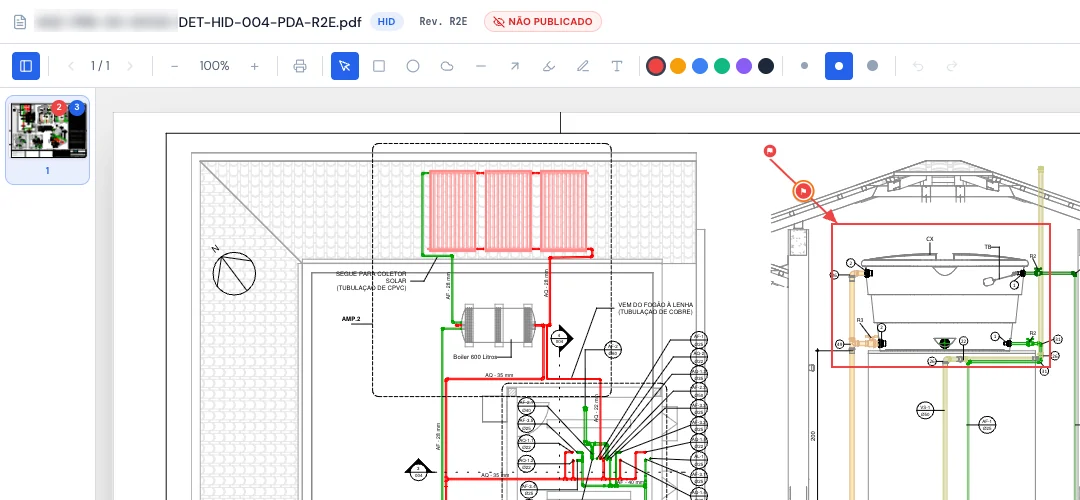 Prancha em PDF aberta no navegador do BIMData, com a barra de marcação (formas, setas, texto e cores), um retângulo vermelho destacando um trecho do desenho e o pino de um apontamento