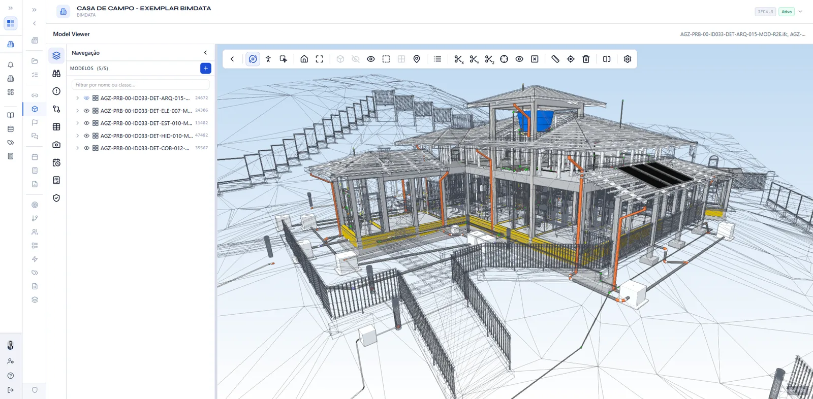 Modelo federado das disciplinas em wireframe no viewer